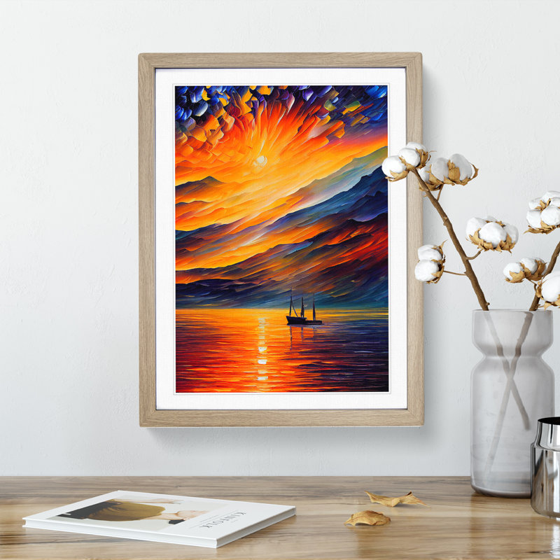 Boats Under The Sunset No.6 - Painting, Oak Framed, White, 66cm H x 48cm W x 2cm D