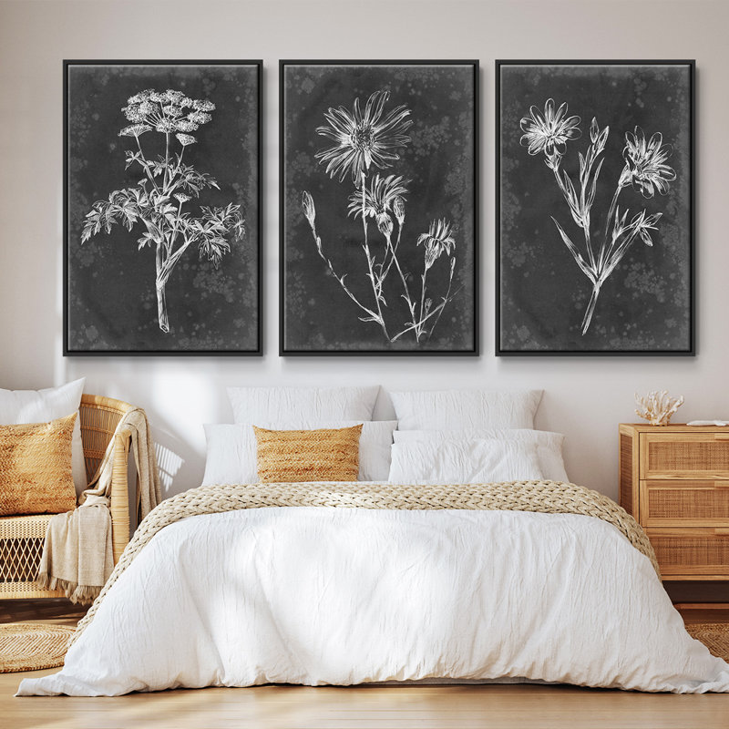Slate Floral II, ensemble de 3 toiles encadrées sur toile, Noir, H 27 po x l 54 po