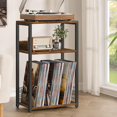 18-Inch 3-Tier Record Player Stand with Vinyl Storage, Open Shelves & Industrial Side Table Design