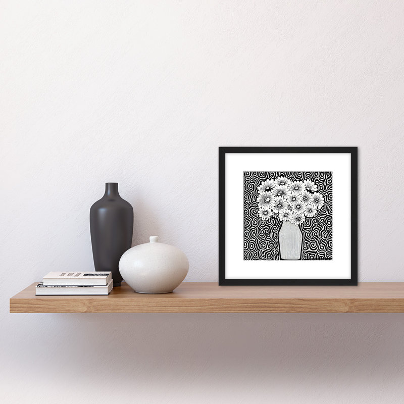 Monochrome Flowers Vase 1960 Swirl Retro - Single Picture Frame Print