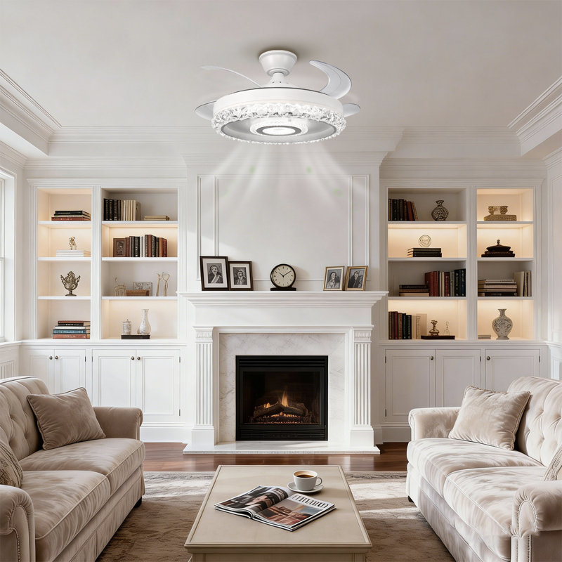 42Inch Round Semi Flush Mount Ceiling Fan With Light Crystal Chandelier With Fan