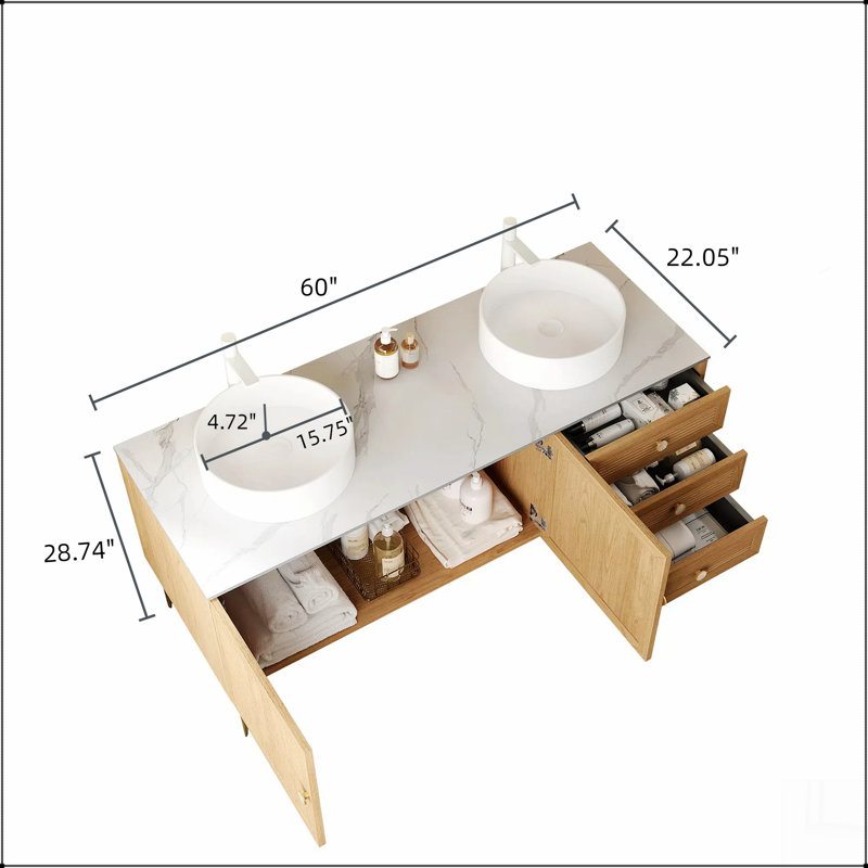 Meuble-lavabo de 60 po avec 2 lavabos, armoire de rangement autoportante en contreplaqué avec 5 pieds en métal, 3 tiroirs à fermeture douce et 2 portes, lavabo en céramique blanc sans robinet, pré-assemblé, chêne