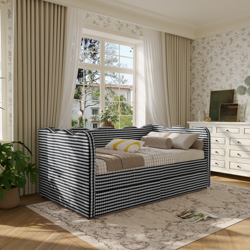 Lit de jour Gingham avec 2 tiroirs de rangement et port USB, forme ondulée, Noir, Lit simple