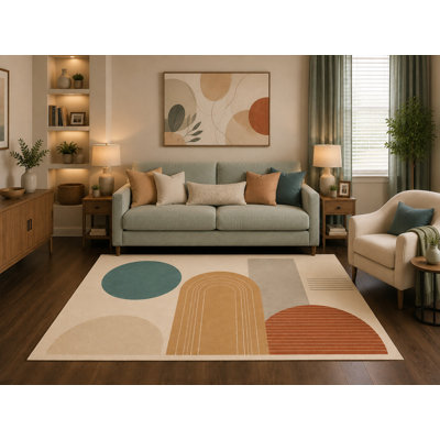 "Ultra Lightweight" 5'x7' Scandinavian Geometric Area Rug Modern Abstract Arch Circle Color Block Living Room Bedroom Office Decor Non-Slip Silicone Backing Low Pile