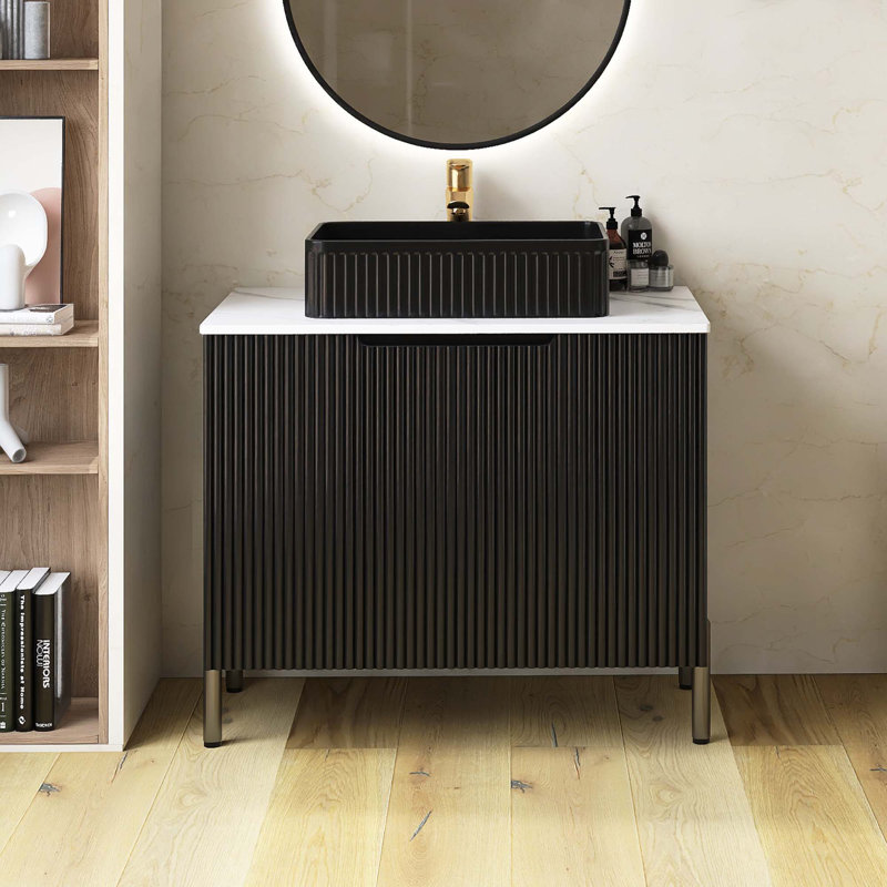 Meuble-lavabo autoportant avec lavabo et portes en céramique, comptoir blanc Carrara, Noir