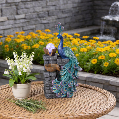 Fontaine de table Peacock avec lumière DEL à changement de couleur et boule de verre, cascade intérieure pour décorer la maison et le bureau