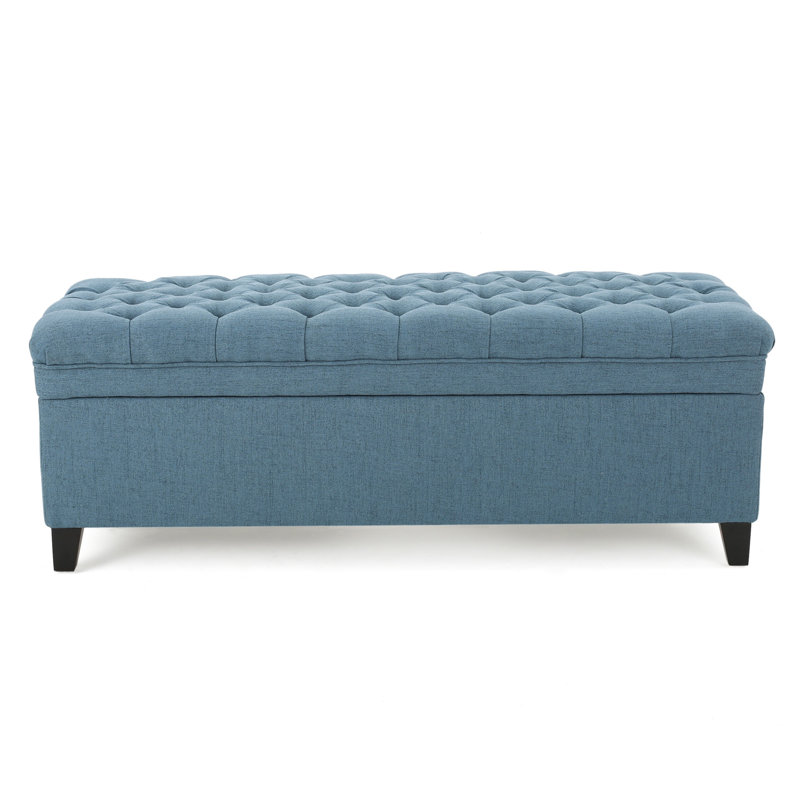 Rhya Storage Ottoman Bench, Soft Blue Fabric, Black Wood, 50 Inch, Blue