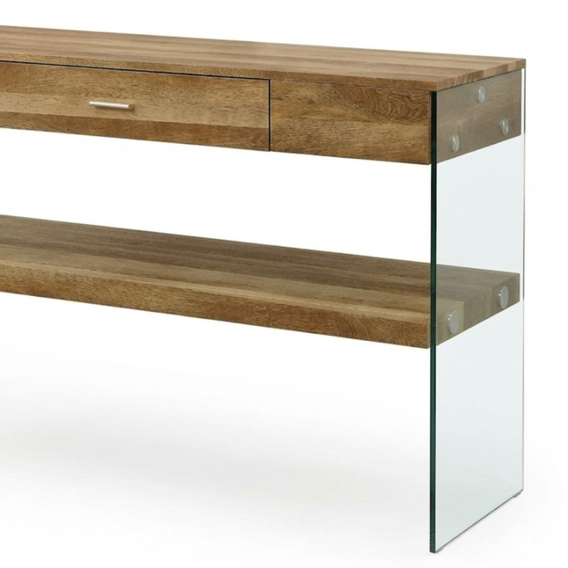 Rein Rein Console rectangulaire en bois naturel avec côtés et tiroir en verre transparent