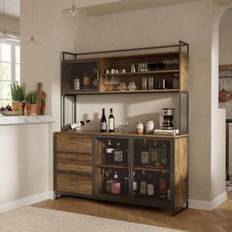 Industrial Bar Cabinet With Wire Doors & 3 Drawers, Black