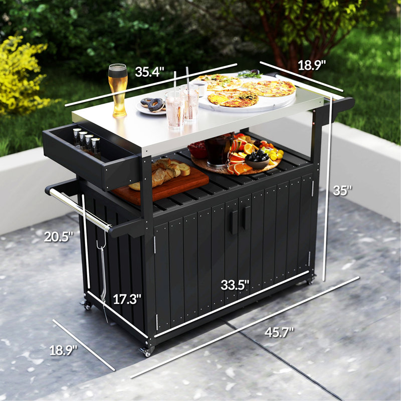 Chariot-bar d'extérieur avec rangement, îlot de cuisine pour la préparation des aliments, Black and Silver