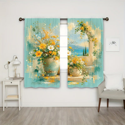 2 pièces rideau filtrant la lumière de la scène florale méditerranéenne avec vase et vue sur la mer, décor de style impressionniste artistique, conception facile avec passe-tringle, rideaux toutes saisons pour la décoration du salon, de la chambre et du balcon