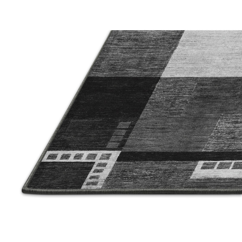 Tapis gris / noir en laine et polyester à tissage machine abstrait, Tapis de couloir 2 pi x 5 pi