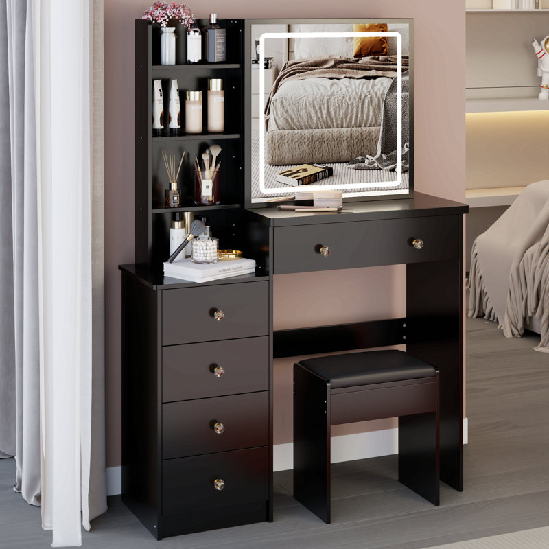 Meuble-lavabo de 37 po avec tabouret de taille moyenne 37 po + tabouret rembourré, grande commande tactile, interrupteur tricolore, miroir à luminosité réglable, rangement grande capacité, convient aux espaces moyens