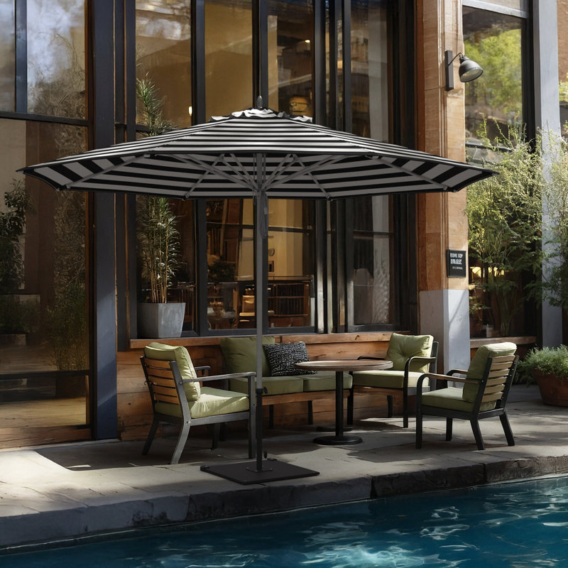 Parasol de patio en bois gris en aluminium 11 pi, Rayures blanches/noires