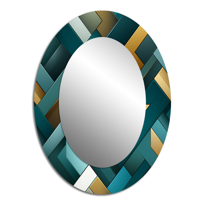 Teal Modern Geometric Tiles - Large Oval Wall Mirror On Metal, 40" H x 30" W