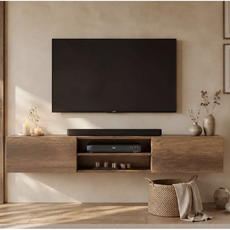 Meuble télé mural suspendu moderne Desmone 71 po pour téléviseurs jusqu'à 80 po, console multimédia avec rangement, brun noyer