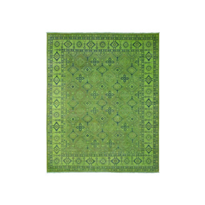 Tapis vert en laine noué à la main à motif géométrique Kazak 8 pi x 9 pi 8 po E654CB8439714AD7AEBC05E9BA19E374