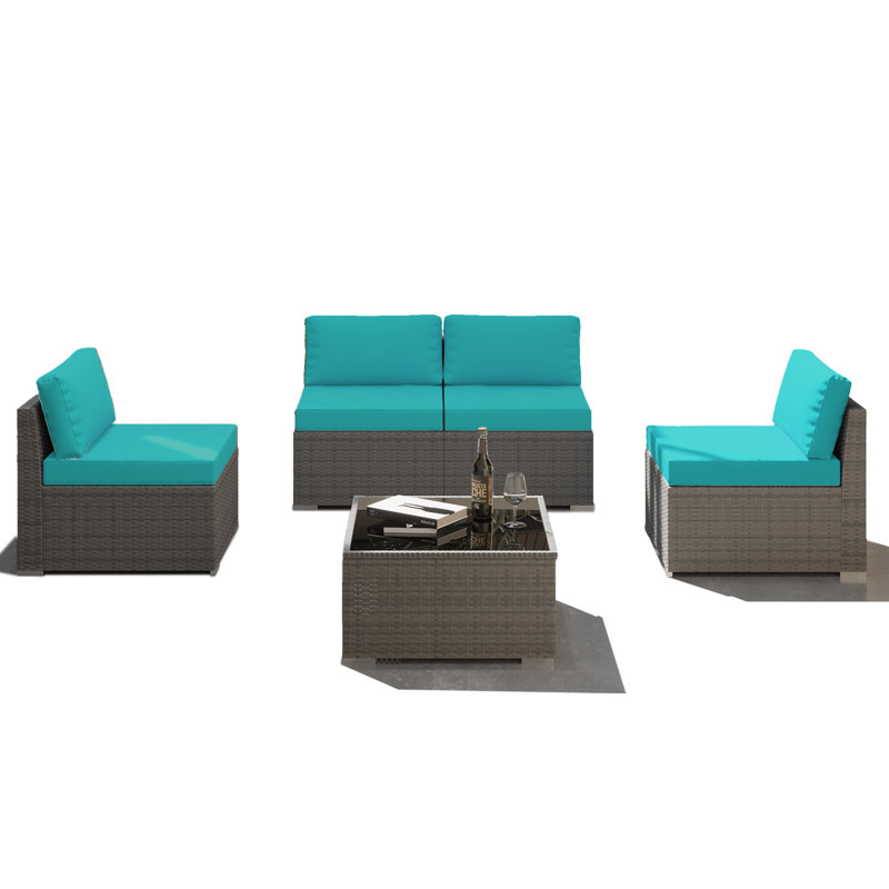 Ensemble de conversation d'extérieur pour 4 personnes avec coussins Yuchen, Bleu sarcelle