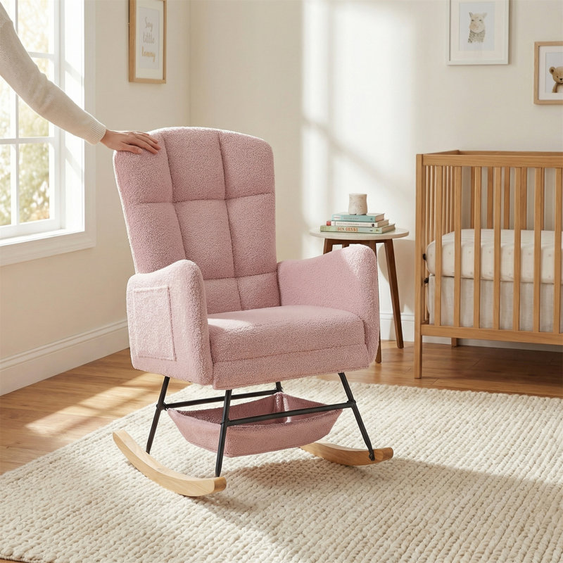 Chaise berçante avec rangement, conçue avec un tissu d'ours en peluche doux, Rose