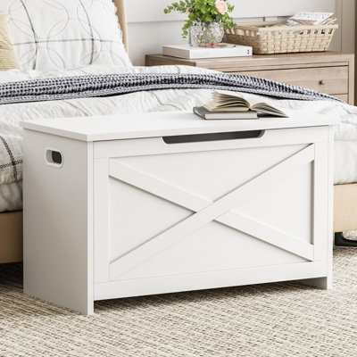 30" Wooden Storage Bench with Safety Hinge, Farmhouse Toy Chest & Blanket Box, Entryway Shoe Organizer Trunk for Bedroom & Playroom, White