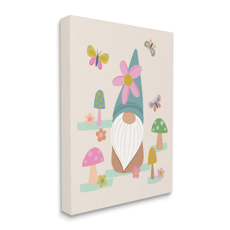 Flottant papillons, gnome de jardin, fleurs roses, Lisa Perry, L 24 po x H 30 po, Toile tendue
