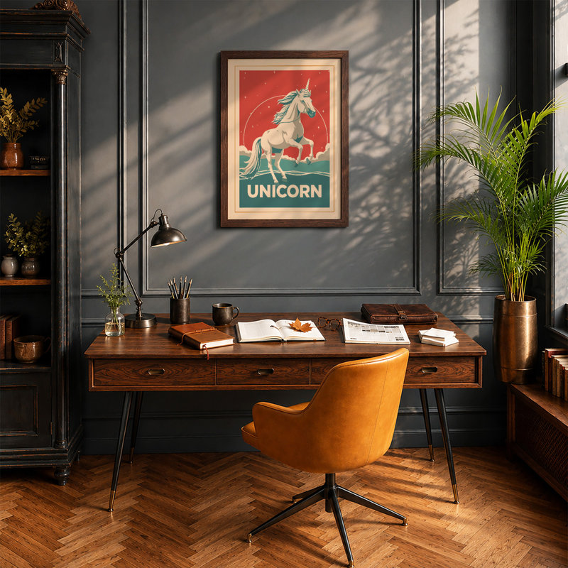 Unicorn Rising Art Deco - Framed Print, A4 - 29.7 x 21.0 cm, Walnut