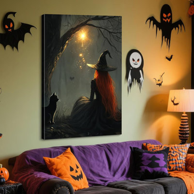 Halloween Canvas Wall Art, Red Hair Witch And Black Cat Fantasy Poster Dark Picture Witch Wall Decor, Framed Prints For Living Room Bedroom Office Decor, 16X24inch