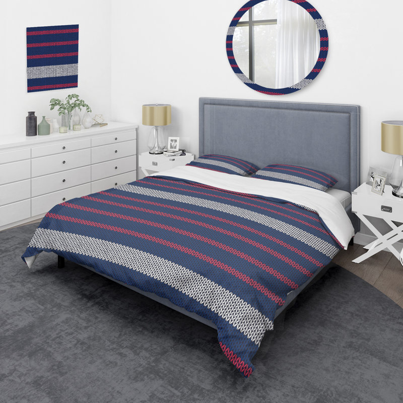 Motif à rayures bleues et rouges - Ensemble de housse de couette abstrait - Microfibre de polyester