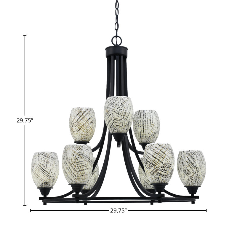 Lustre 9 lumières Paramount montré dans une finition noir mat avec verre de fusion naturel de 5 po