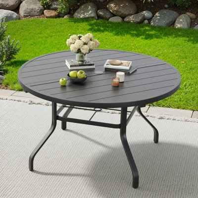 Table de salle à manger ronde pour l'extérieur, table ronde de 47 po à grain de bois avec trou de parasol de 1,57 po, tables de salle à manger d'extérieur en métal pour la cour et le bord de la piscine