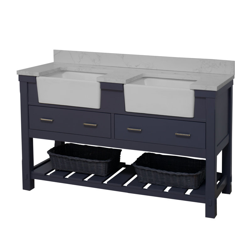 Ensemble de meuble-lavabo double 60 po Hitton, Gris marine, Marbre de Carrare