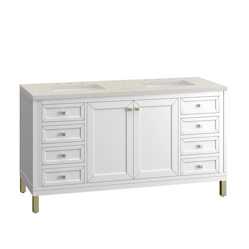 Ensemble de meuble-lavabo double 60 po Chicago, Blanc lustré, Sibérien, 8 po