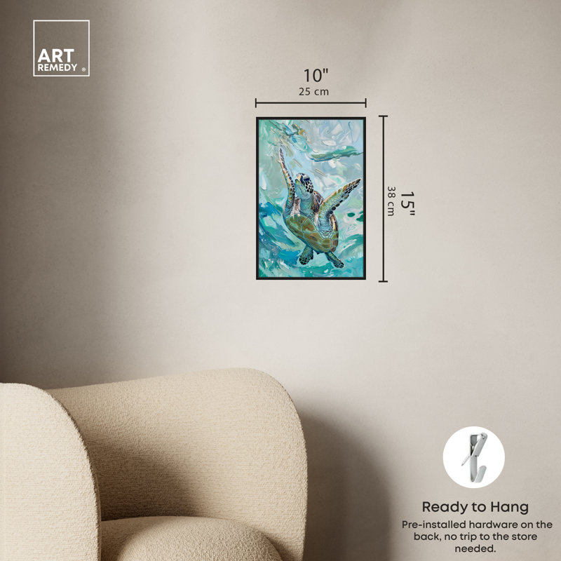 Art Remedy Serene Turtle Framed Colorful Coastal 1 Piece Canvas Wall Art 57715, Black Framed, 16" H x 11" W