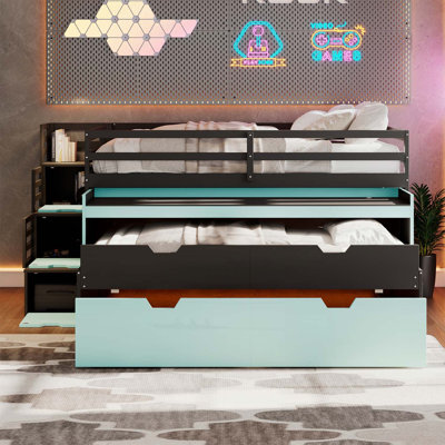 Full XL Loft Bed with Pull-Out Desk, Twin Trundle, and Storage, Multi-Functional Bunk for Gaming & Work, Black+Blue