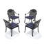 Ensemble de 4 chaises de jardin en aluminium moulé, structure noire, coussins bleus, design traditionnel à motifs rectangulaires, revêtement haute température, assise confortable, empilables, résistantes aux intempéries et au soleil.