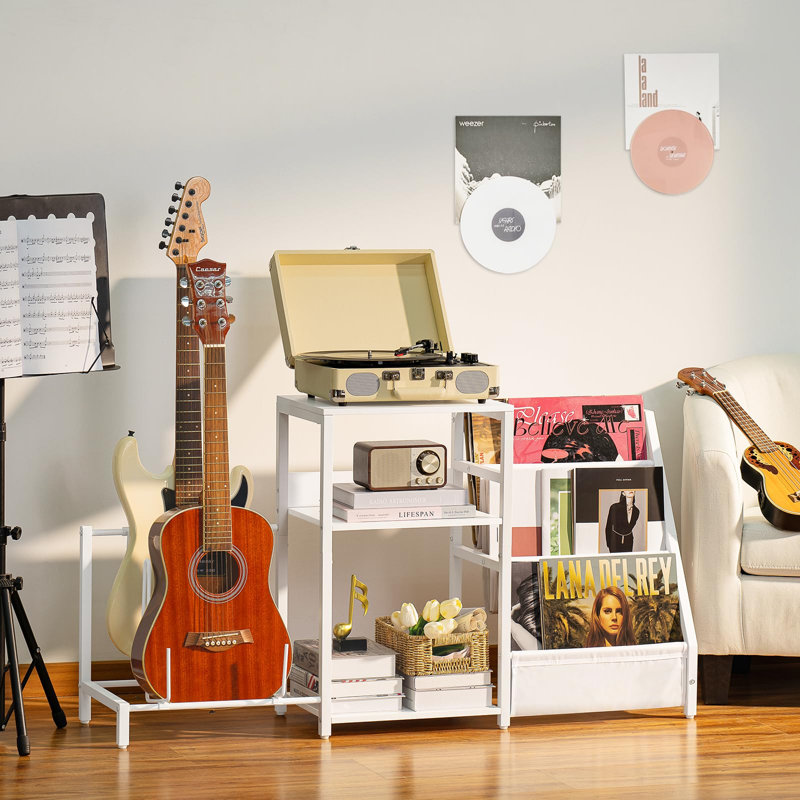 Support pour tourne-disque avec rangement en vinyle et support de guitare réglable, Blanc