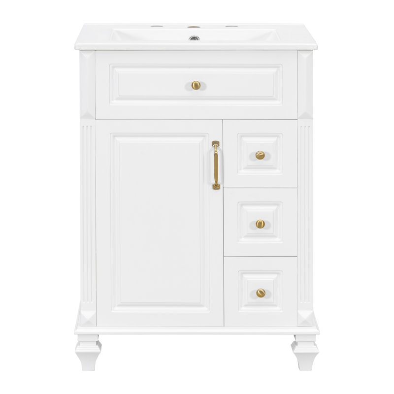 Meuble-lavabo 24 po avec lavabo en céramique, armoire en bois massif avec tiroir rabattable, 3 tiroirs latéraux et porte