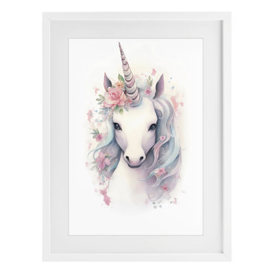 Unicorn with Pink Flower Crown Framed Print Under Glass, design by Creative Studio