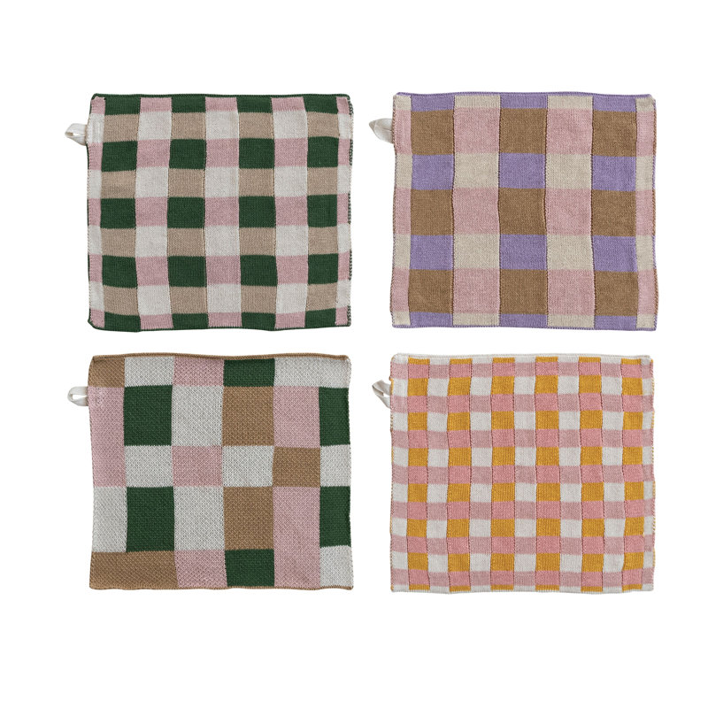 Linge à vaisselle carré en coton 4 pièces à carreaux