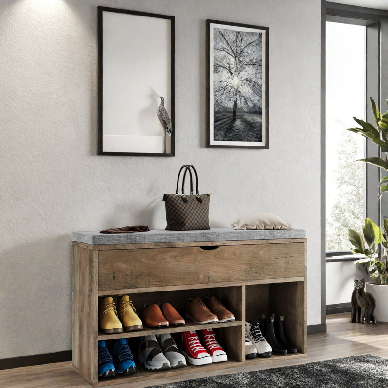 Shoe Bench With Cushion And Adjustable Shelf, Brown