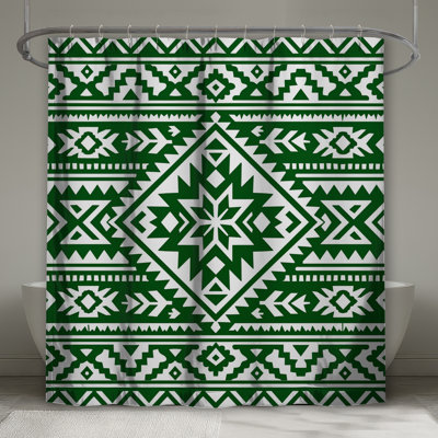Rideau de douche vert aztèque à motif géométrique extra long