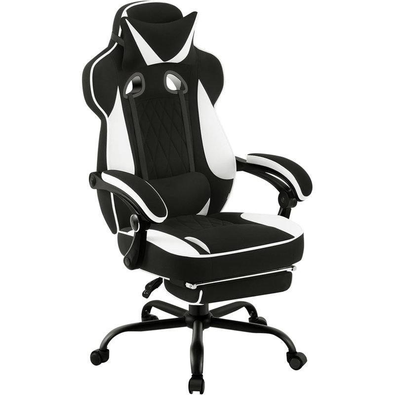 Inbox Zero Adjustable Reclining Ergonomic Swiveling PC & Racing Game Chair with Footrest, White/Black