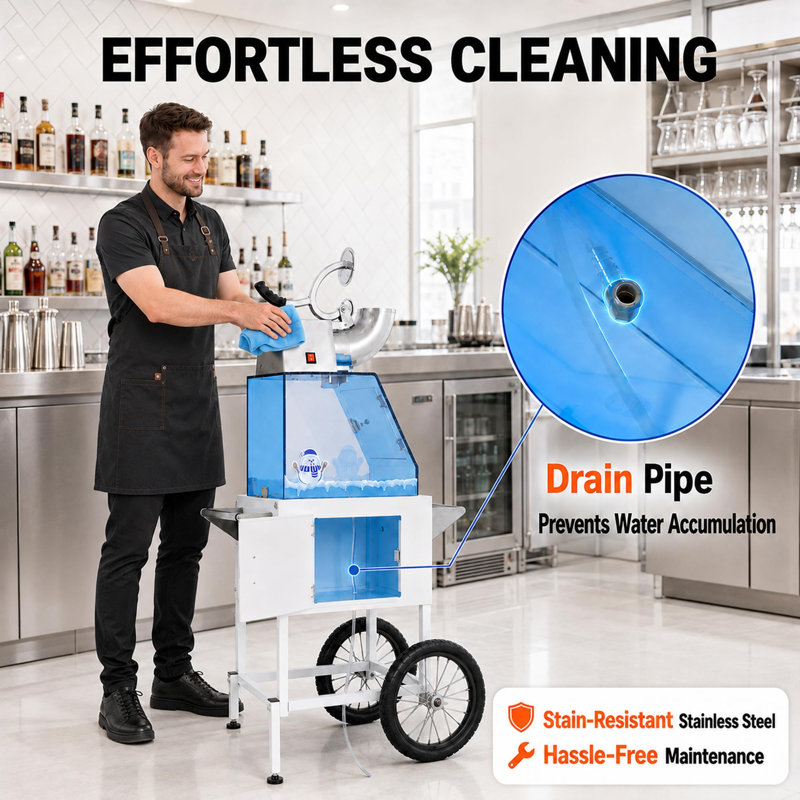 Chariot à machine à glace pilée de 52 pouces de hauteur avec bac à glace de 9,2 gallons, système de rasage en acier inoxydable, armoire de rangement, roulettes et tablettes latérales, blanc et bleu