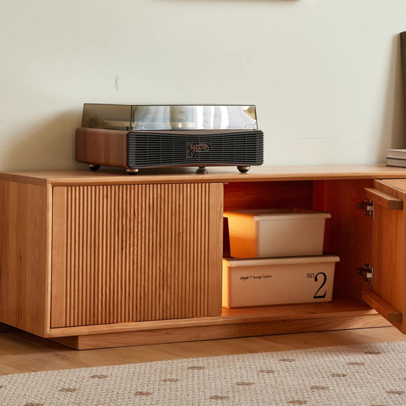 Meuble télé en bois de cerisier avec grand espace de rangement, H 17,71 po x L 82,67 po x l 15,74 po