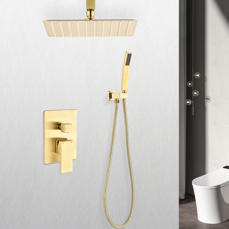 Douche de salle de bain montée au plafond - tête de 10 po et système de fixation portable en or brossé