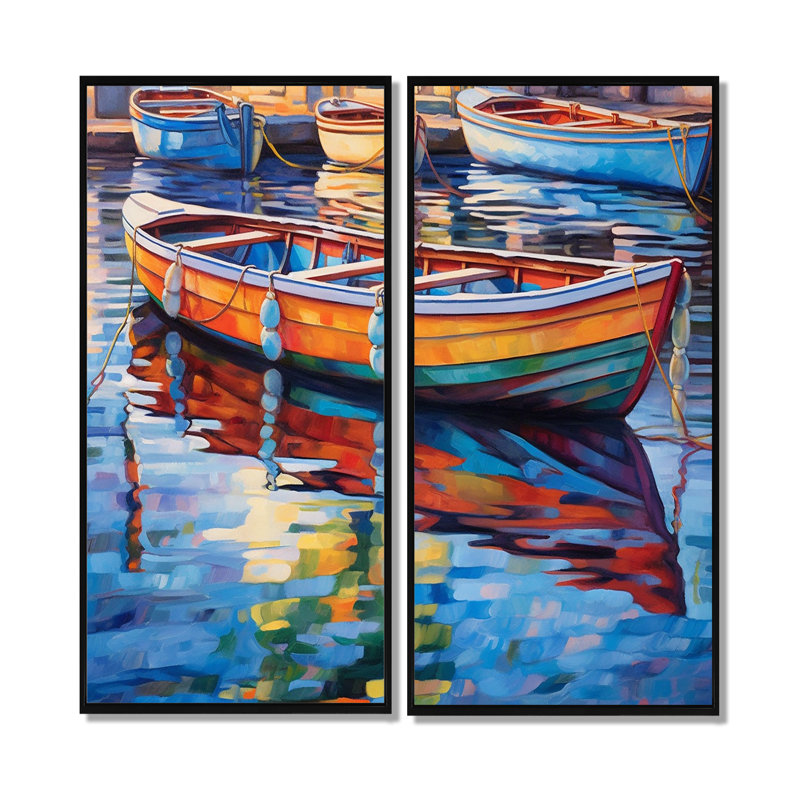 Bateaux dans le port - transport mural 2 panneaux de décor port côtier, H 40 po x l 40 po, Framed Print without Mat, Black