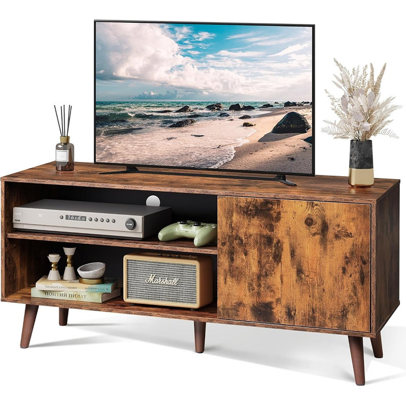 Meuble télé avec rangement intégré, centre multimédia de style années 50 avec étagères ouvertes, console multimédia pour salon et chambre, brun