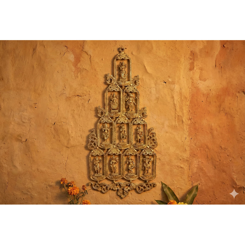 Handcrafted 28" Brass Dashavatara Wall Art Panel - Traditional Indian Metal Relief Sculpture with Ten Figural Motifs