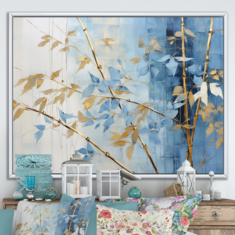 «Blue and Gold Bamboo Dance - Bamboo Canvas Wall Art_106586», H 12 po x l 20 po, Cadre photo argenté