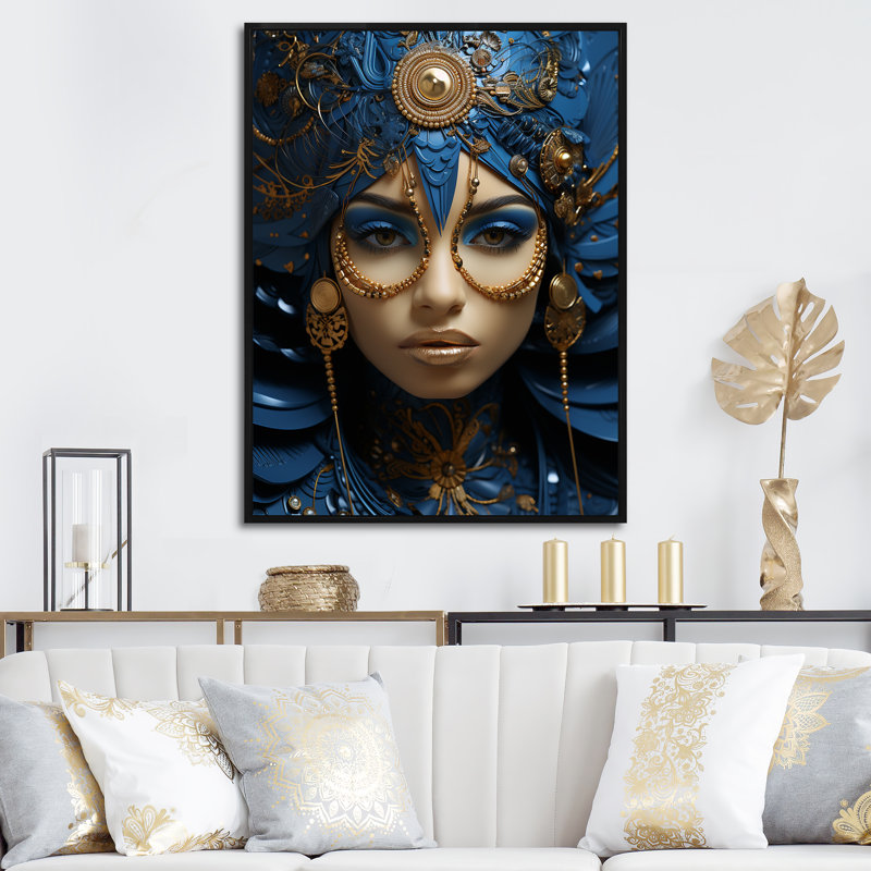 Femme dorée et bleue, portrait de déesse I - déesse, art mural, Cadre flottant noir, H 44 po x l 34 po x P 1,5 po
